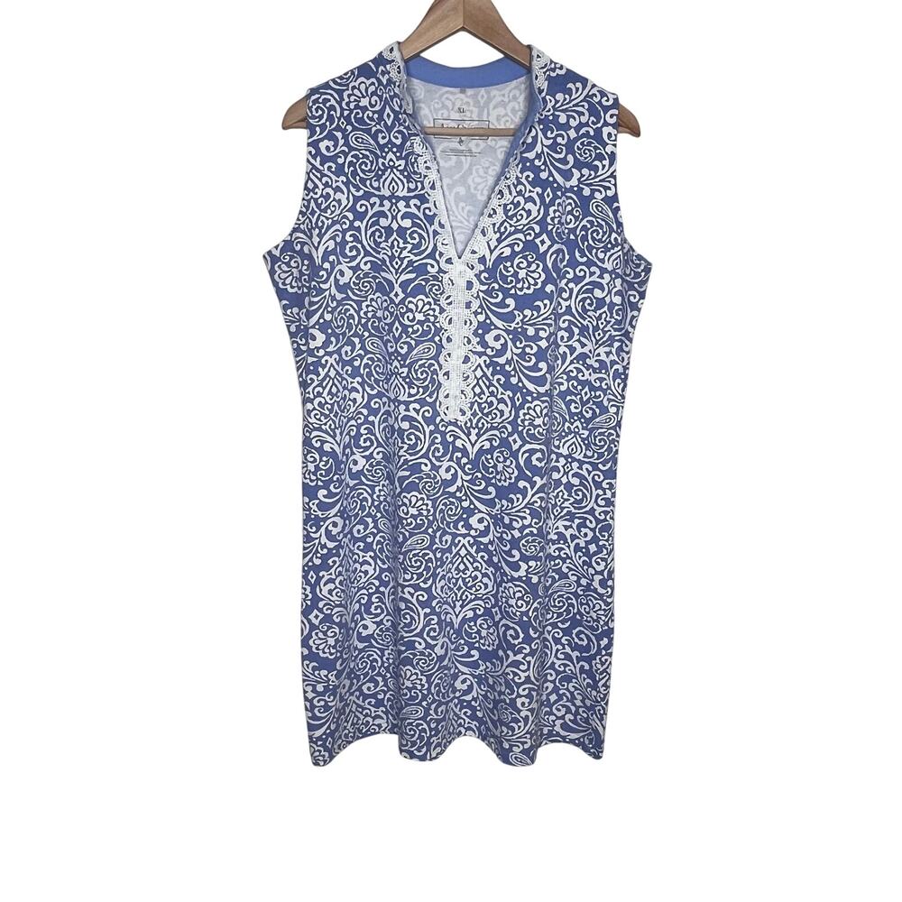 AnaClare Womens XL Blue White Sleeveless Dress Damask Print Lace Trim Cotton